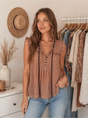 Daniel Rainn Tan Semi Sheer Blouse S Ruffle & Pleat Detail